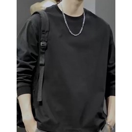 Men's Casual Cotton Long Sleeve T-Shirt - Crew Neck, Loose Fit, Spring & Fall Collection