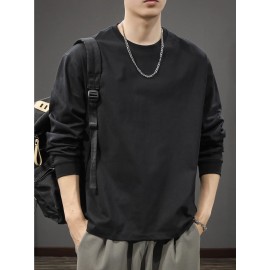 Men's Casual Cotton Long Sleeve T-Shirt - Crew Neck, Loose Fit, Spring & Fall Collection