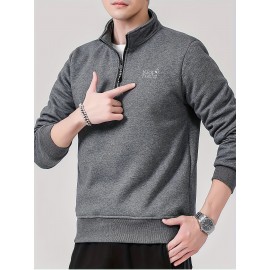 Men's Cozy Fleece-Lined Stand Collar Sweatshirt - Casual Cotton Blend, Long Sleeve Pullover for Fall & Winter