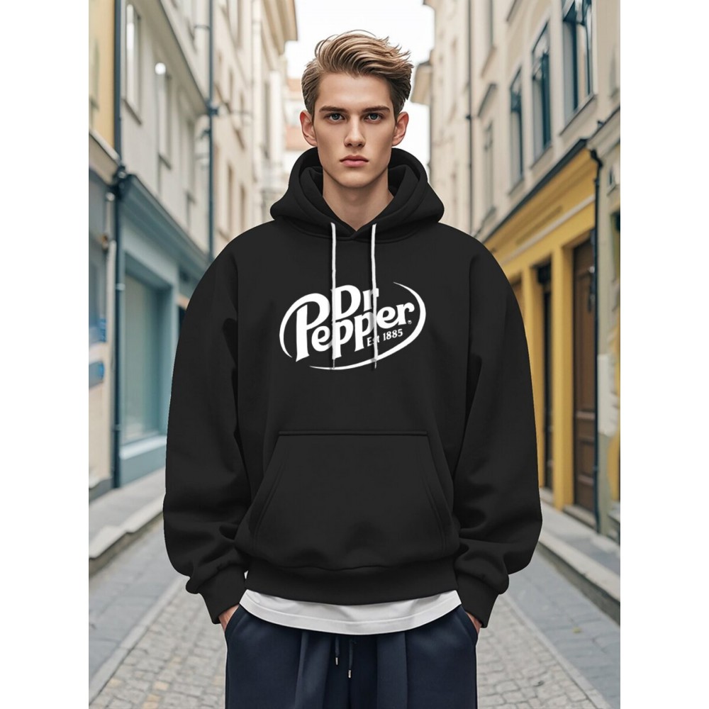 1pc Dr Pepper Print Men'S Casual Hoodie - Cozy Long Sleeve Pullover with Hood, Polyester Fabric, Regular Fit, Stretchy, for Autumn/Winter